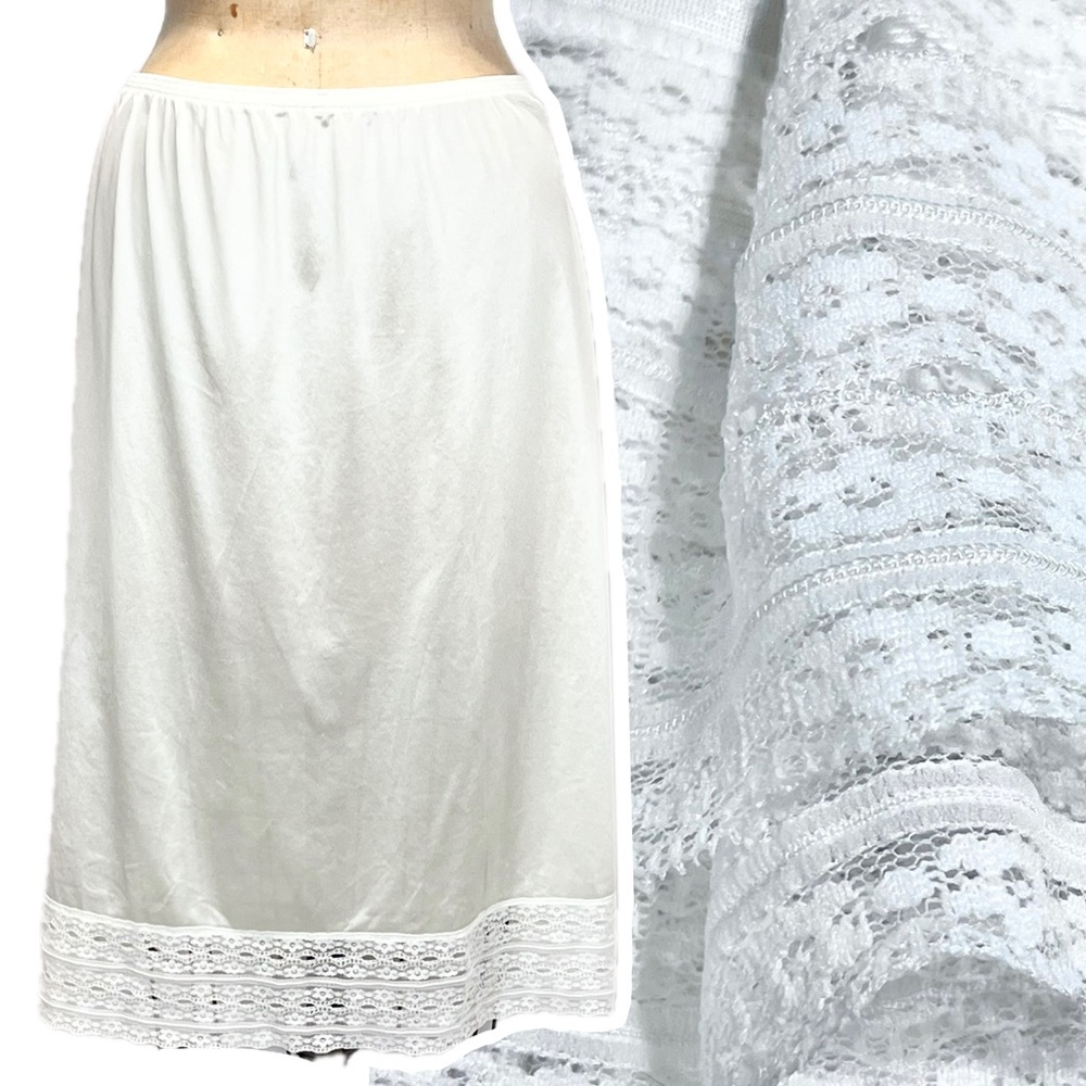 VINTAGE 70s white lace nylon half slip dress skirt elastic waist midi‎ victorian